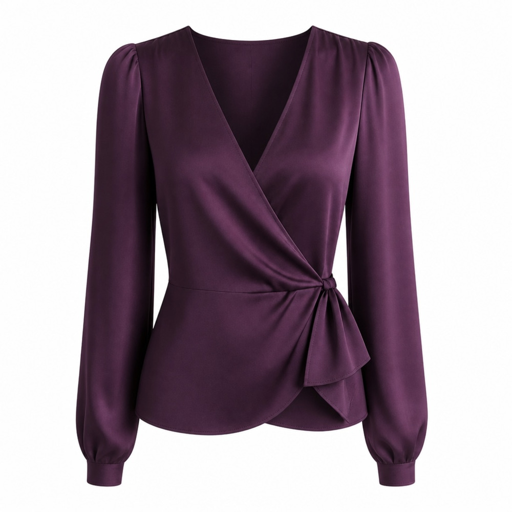 Express Deep Plum Purple Satin Puff Shoulder Long Sleeve Blouse Top Peplum